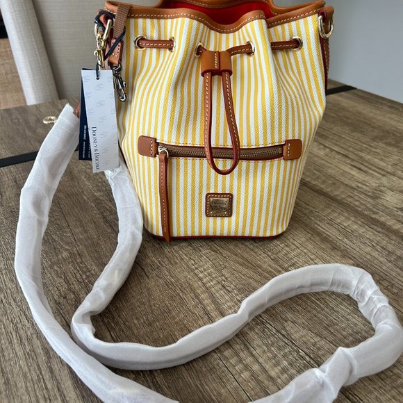 Dooney & Bourke Yellow Striped Small Drawstring Bucket Bag - Picture 2 of 7